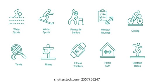 Diverse Fitness and Recreation Icon Set - Vector Illustrations for Water Sports, Winter Sports, Senior Fitness, Workout Routines, Cycling, Tennis, Pilates, Fitness Trackers, Home Gym 