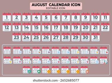 Diverse flat design august calendar icons arrayed for event planning and timeline management
