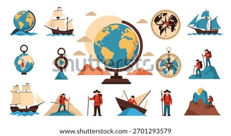 Diverse flat design icons illustrating exploration and adventure, including globes, sailing ships, compasses, and mountain hikers for travel and discovery concepts.