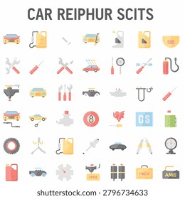 Diverse flat design icons representing car repair tools and automotive services.