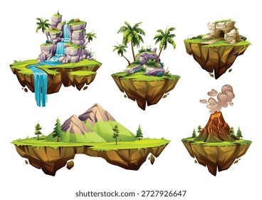 Diversas ilhas flutuantes com um vulcão, montanhas, cavernas e cachoeiras. Ilustração de desenho animado vetorial