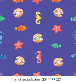 Diverse flora and fauna of the sea and ocean depths, sea, ocean, water, 
seaweed, sea horse, fish, vector, seamless pattern, colored shell, art, illustration, background, starfish