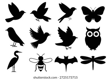 Diverse flying and perched creatures silhouettes bird