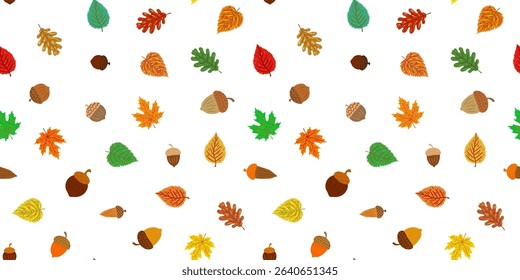 diverse foliage seamless pattern with scattered colorful autumn leaves acorns nuts cheerful warm decorative backdrop for september october november