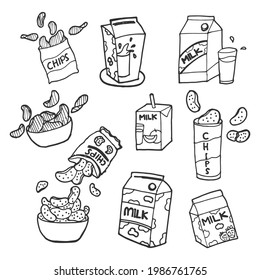 conjunto de alimentos y bebidas aislados en un fondo blanco. arte doodle, vector dibujado a mano