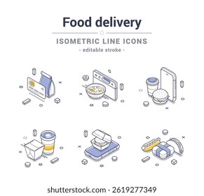 Diverse food delivery elements represented as isometric line icons, illustrating a variety of meals and delivery items. Vector illustration