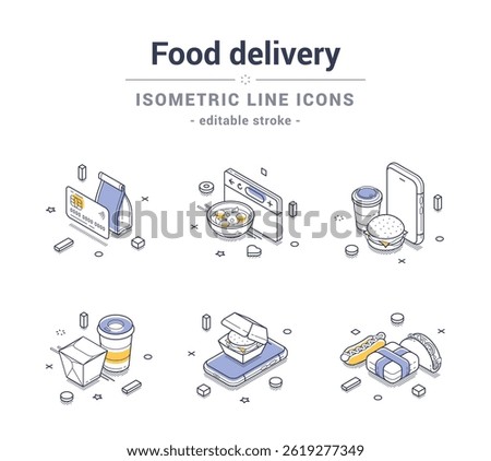 Diverse food delivery elements represented as isometric line icons, illustrating a variety of meals and delivery items. Vector illustration