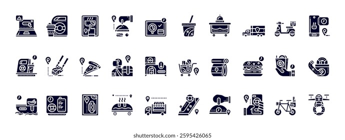 Diverse Food Delivery Icons Representing Meals, Services, and Culinary Options for Modern Dining Experience