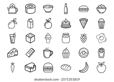 Diverse Food and Drink Icons for Meal Planning, Nutrition Design, Snacks, Desserts, and Beverages