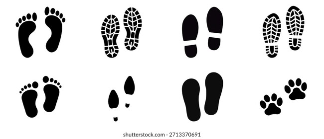 Conjunto de ícones de pegada diversificada com impressões humanas descalças, de sapato, de bota e de pata de animal, representando conceitos de rastreamento, movimento, direção, navegação e projeto de localização de caminhos