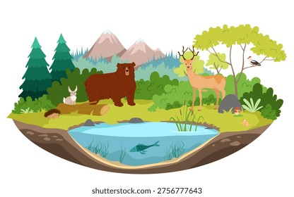 Diverse forest ecosystem with animals, trees, pond, and mountains in a natural environment vector illustration