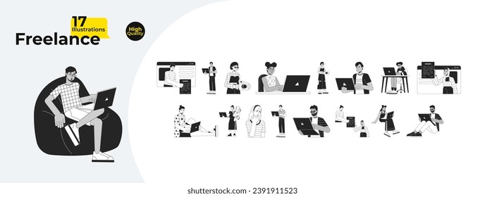 Diverse freelancers laptops black and white cartoon flat illustration bundle. Telecommuting adults multicultural 2D lineart characters isolated. Teleworking monochrome vector outline image collection