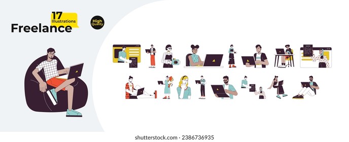 Diverse freelancers laptops line cartoon flat illustration bundle. Telecommuting adults multicultural 2D lineart characters isolated on white background. Teleworking vector color image collection