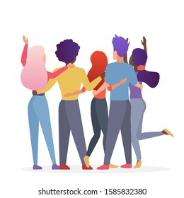 Diverse friend group of people hugging together. Back view of teenage boys and girls or school friends standing together, embracing each other, waving hands vector illustration.