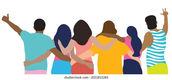 Diverse friend group of people hugging together for special event celebration. EPS10 vector.