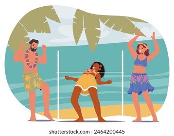 Diverse Friends Characters Participating In A Limbo Dance At A Sunny Beach Party. Cartoon Vector Illustration Captures Summer Fun And Energy, Showcasing Joy And Entertainment With A Tropical Backdrop