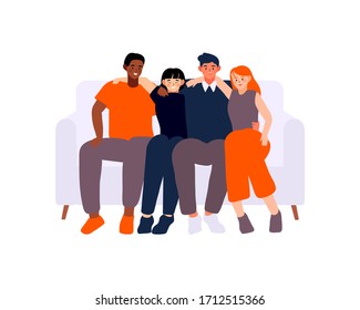 Diverse friends happiness sitting on couch. Hanging out together, talking together, High angle smiley, party laughing and Happy International Friendship Day cartoon character flat vector illustration.