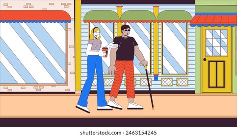 Diverse friends on walk in city cartoon flat illustration. Arab man with blindness and european female on street 2D line characters colorful background. Inclusion scene vector storytelling image