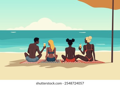 Diverse friends relaxing on beach with drinks under umbrella summer