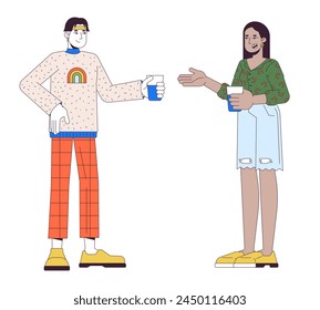 Diverse friends talking at party 2D linear cartoon characters. Young man and woman holding drinks isolated line vector people white background. Informal event color flat spot illustration