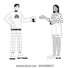 Diverse friends talking at party black and white 2D line cartoon characters. Young man and woman holding drinks isolated vector outline people. Informal event monochromatic flat spot illustration