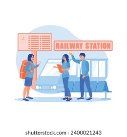 Diverse friends using local map navigation together on the train station platform. Take a local tourist trip by train. Tourist Guide concept. trend modern vector flat illustration