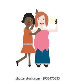 Diverse friends vector illustration. Woman taking a selfie snap shot with a camera. Friendship concept.