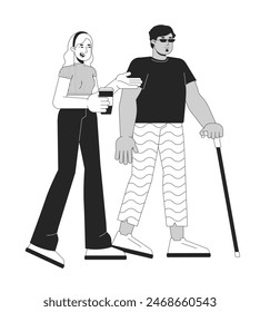 Diverse friends walking together black and white 2D line cartoon characters. Arab man with blindness and caucasian woman isolated vector outline people. Inclusion monochromatic flat spot illustration