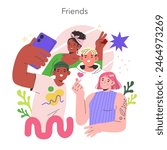Diverse Friendship concept. Group of cheerful young friends posing for a selfie, embodying diversity and camaraderie. Vector illustration.