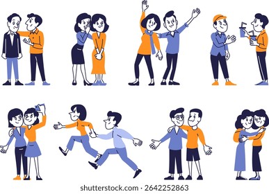 Diverse friendship moments in daily life – flat cartoon characters sharing emotions, support and fun together.