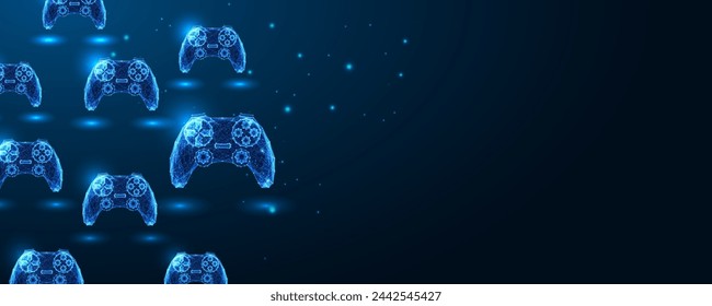 Diverse gaming experiences futuristic concept banner with game consoles and space for text in glowing low polygonal style on dark blue background. Modern abstract connection design vector illustration