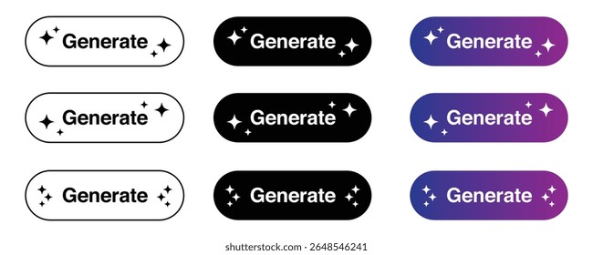 Diverse generate button graphics in white, black, and gradient for user interface design and creative online platforms.