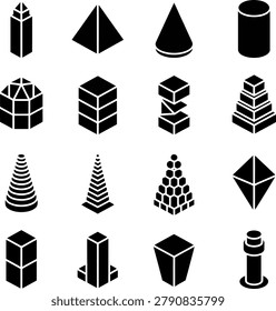 Diverse geometric shapes and threedimensional figures showcasing architectural and mathematical concepts in monochrome design