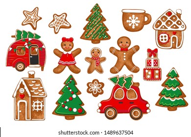 
 Diverse gingerbread collection . Vector illustration of holiday baking. Christmas collection.
