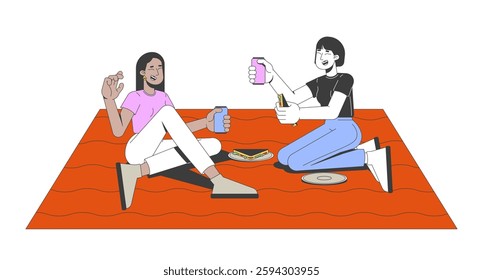 Diverse girlfriends enjoying picnic 2D cartoon characters. Two women sitting on picnic blanket, eating sandwiches, drinking soda flat vector people isolated on white. Spot illustration colorful