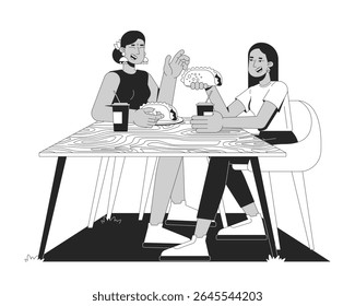Diversas meninas amigas desfrutando de tacos e bebidas na mesa de madeira personagens da linha 2D. Refeições amigáveis ao ar livre. Namoradas almoço isolado vetor tinta contorno pessoas. Ilustração de ponto monocromático