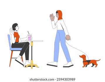 Diverse girls friends meeting 2D cartoon characters. Asian woman sitting at cafe table, muslim hijab female walking dachshund dog flat vector people isolated on white. Spot illustration colorful