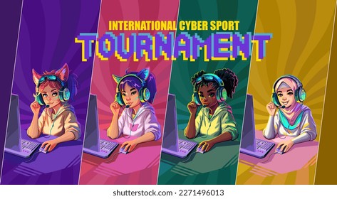 Diverse girls gamers or streamers sitting at a computer in a headset. International cyber sport tournament. Cartoon anime style. Vector characters isolated on white background