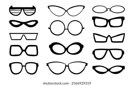 Diverse Glasses Collection with Retro Variant. A stylish collection of 14 glasses designs, featuring retro-inspired and modern frame such as cat-eye, and geometric shape, perfect for versatile project