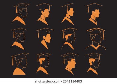 Diverse Graduate Head Profiles in Mortarboards and Gowns, Symbolizing Academic Milestones