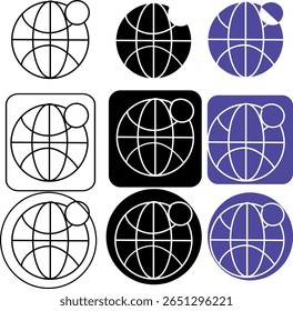 Diverse graphic globe icons showcase modern monochrome and color variations, suitable for business or technology concepts.