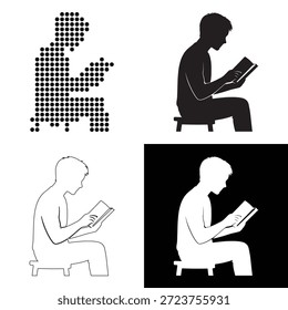 Diversos estilos gráficos que muestran a un individuo absorto en un libro mientras está sentado
