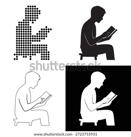 Diverse graphic styles showcasing an individual engrossed in a book while sitting
