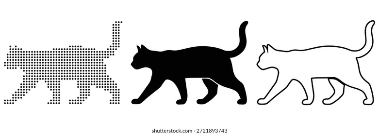 Diverse graphic styles of a walking cat: pixel art, solid silhouette, and clean outline representation
