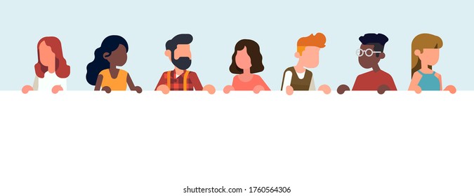 Diverso grupo de personas abstractas con banner horizontal blanco vacío, concepto vectorial de estilo plano en mensaje colectivo 