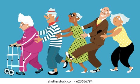 Diverse group of active senior people dancing a conga line, EPS 8 vector illustration, no transparencies 