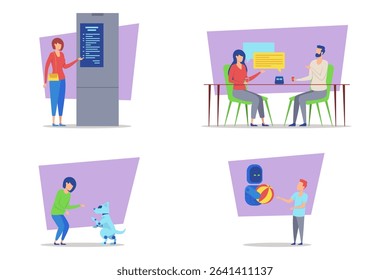 Diverse group activities showcasing individuals interacting with technology, each other, and pets in vibrant, playful environments