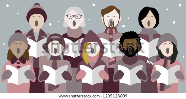 diverse group of adults singing christmas carols in\
a multicultural choir