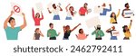 Diverse Group Of Aggressive Characters Energetically Participating In A Protest, Holding Signs And Megaphones, Embodying Civic Engagement And Freedom Of Expression. Cartoon People Vector Illustration