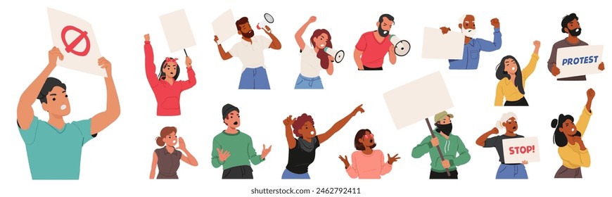 Diverse Group Of Aggressive Characters Energetically Participating In A Protest, Holding Signs And Megaphones, Embodying Civic Engagement And Freedom Of Expression. Cartoon People Vector Illustration